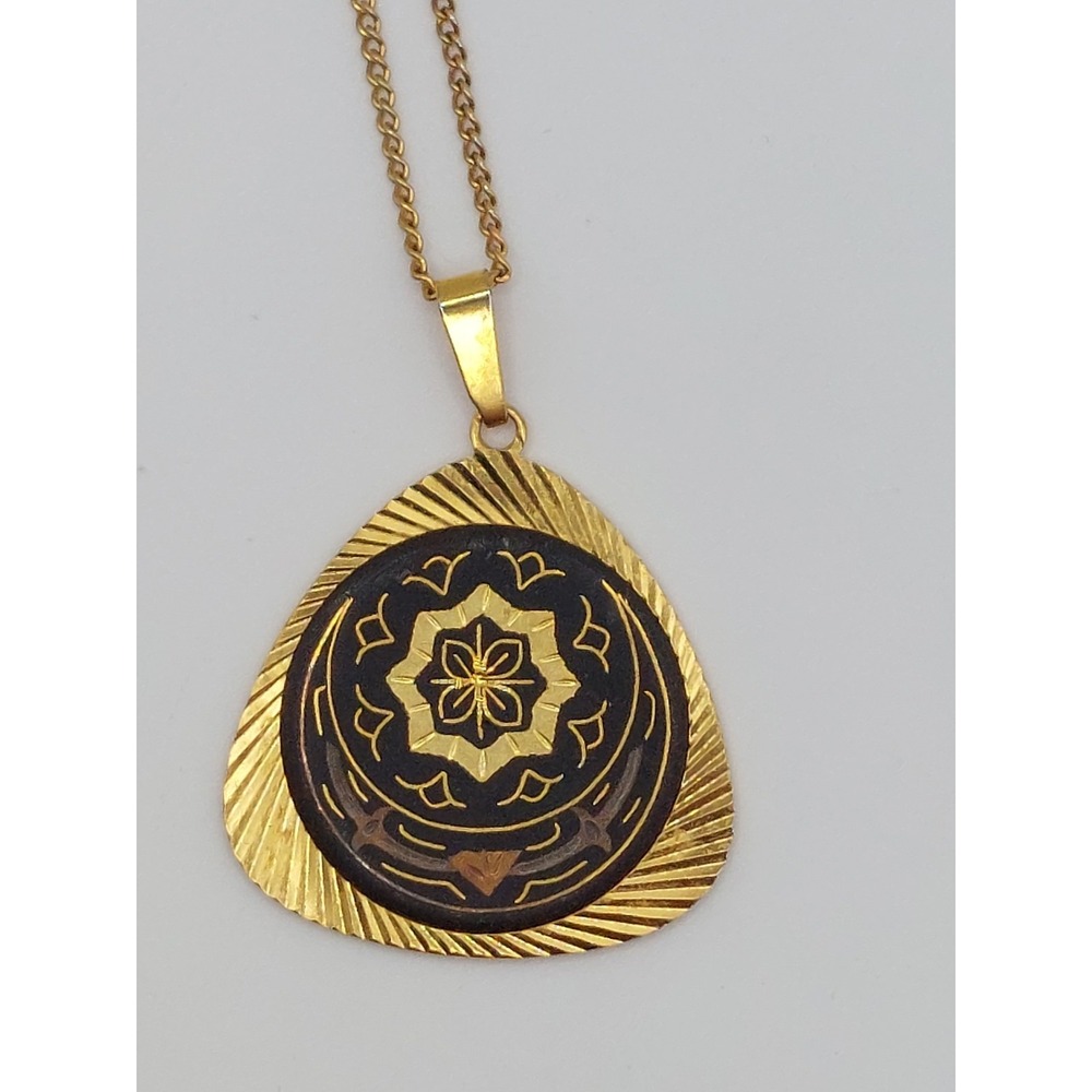 1970s Toledo Damascene Pendant Necklace Black Gold Floral Geometric Vintage